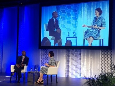 Kenneth Frazier on-stage alongside Meg Tirrell, during the BIO Convention.