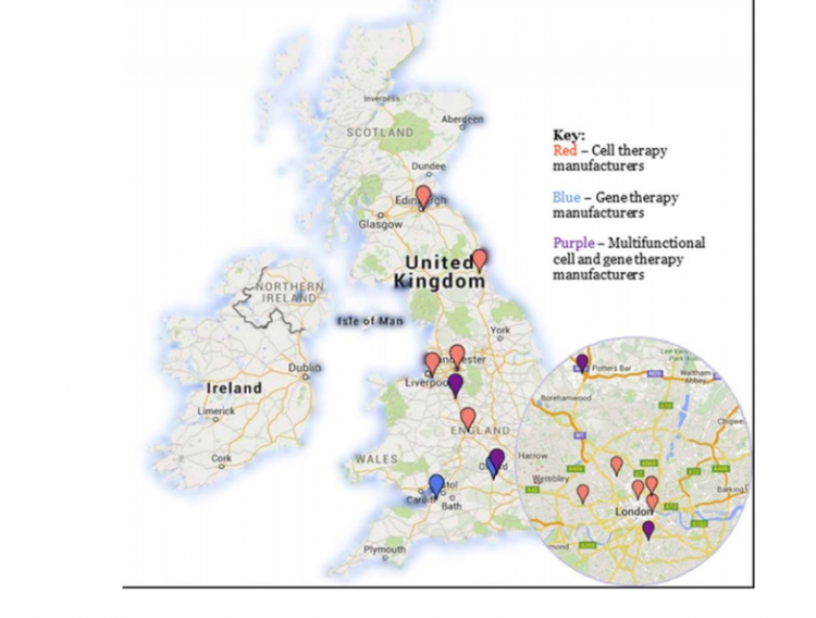 Map of the UK cell therapy manufacturing centres, courtesy of Cell Therapy Catapult