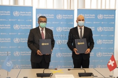 WHO Director-General, Tedros Adhanom Ghebreyesus and Swiss Federal Councillor, Alain Berset, signed an agreement in relation to the BioHub on the edges of the World Health Assembly yesterday [May 24] © WHO/Christopher Black